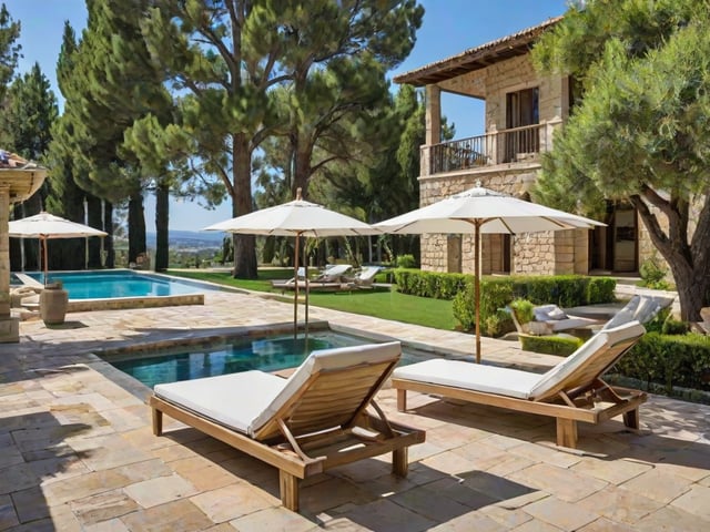 Mediterranean house exterior with pool and patio area, featuring several chairs and umbrellas.