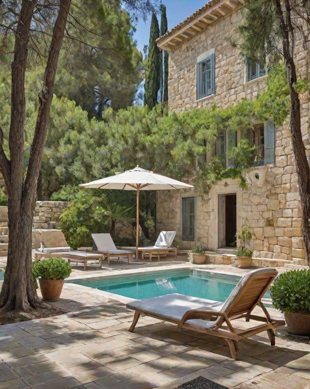 Mediterranean house exterior with pool, patio furniture, and tree