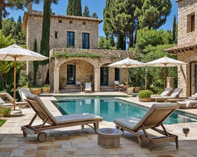 Mediterranean house exterior with pool and patio furniture