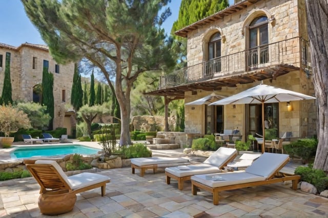 Mediterranean-style house with a large outdoor patio featuring a swimming pool, several chairs, and umbrellas.