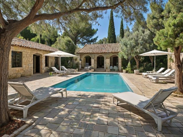 Mediterranean-style house with a large pool and patio area, featuring several chairs and umbrellas.