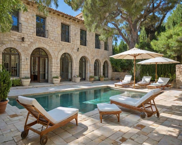 Mediterranean-style house with a large pool and patio area, featuring several chairs and a large umbrella.