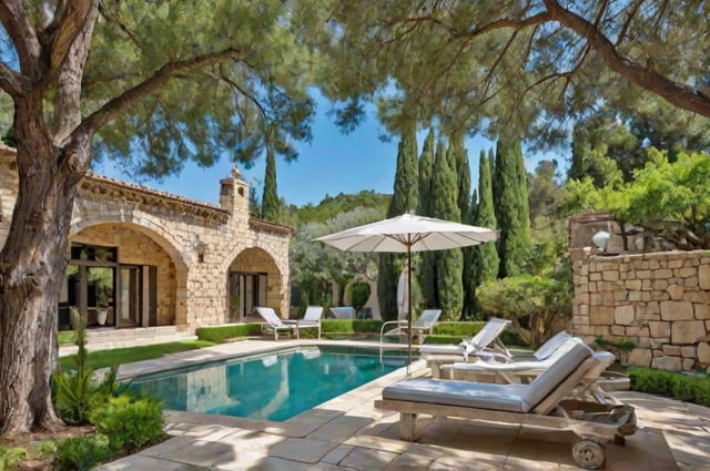 Mediterranean-style house with a large pool and patio area, featuring chairs, couch, umbrella, and potted plants.