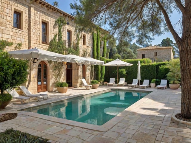 Mediterranean house exterior with pool, patio furniture, and large tree