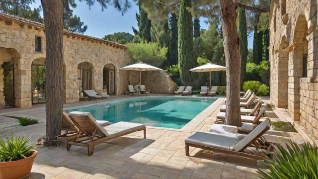 Mediterranean house exterior with a large pool and chairs