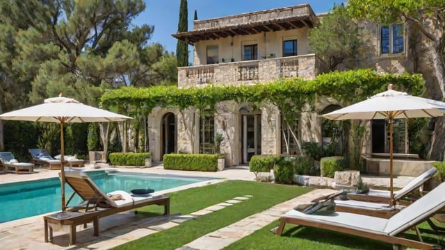 Mediterranean-style house with a pool and patio, featuring a lawn chair and chaise lounge.