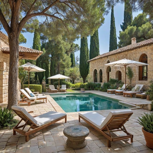 Mediterranean-style house exterior with a pool, lounge chairs, and umbrellas