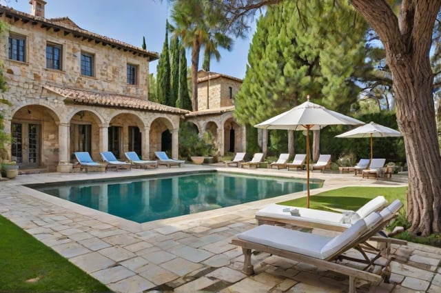 Mediterranean house exterior with a pool and patio area