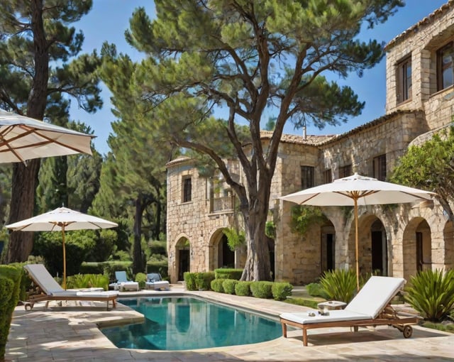 Mediterranean-style house with pool and patio area, featuring chairs and umbrellas for outdoor relaxation.