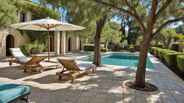 Mediterranean-style house exterior with a large pool, chairs, and a bench