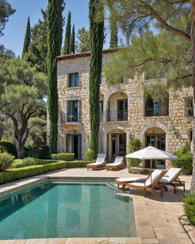 Mediterranean-style house with a large pool, lounge chairs, and a stone patio.