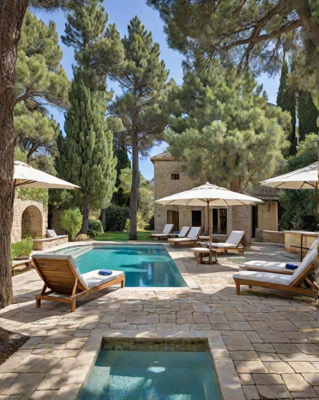 Mediterranean-style house with a large pool and patio area, featuring chairs and umbrellas for relaxation.