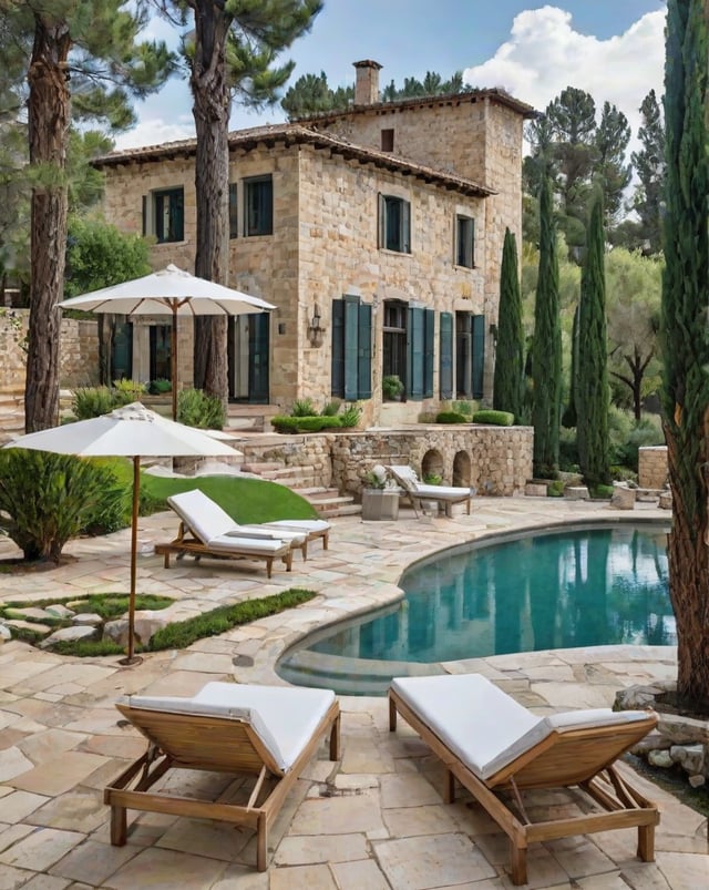 Mediterranean-style house with a pool and patio area