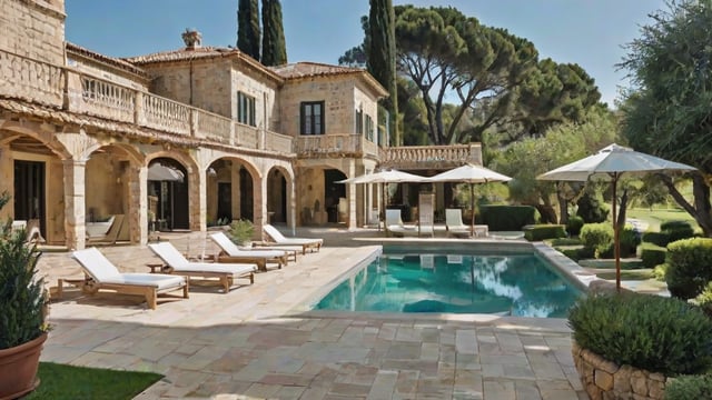 Mediterranean house exterior with pool and patio furniture