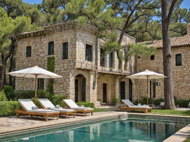 Mediterranean house exterior with pool and patio furniture