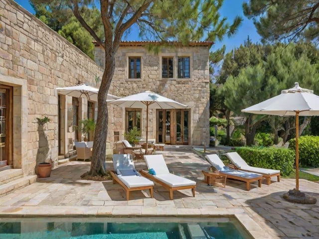 Mediterranean house exterior with a pool, chairs, and umbrellas