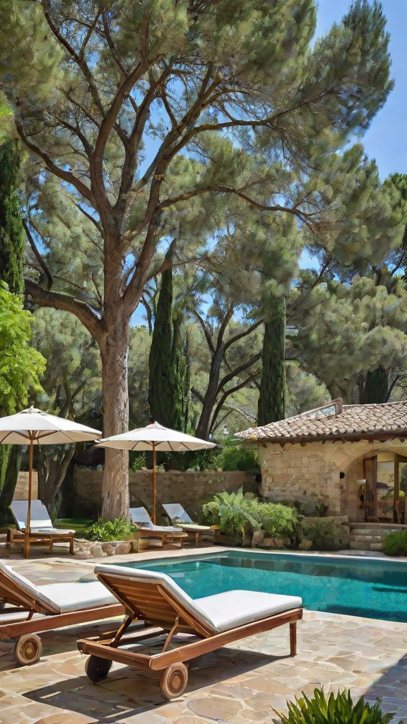 Mediterranean house exterior with pool, patio furniture, and trees in the background.