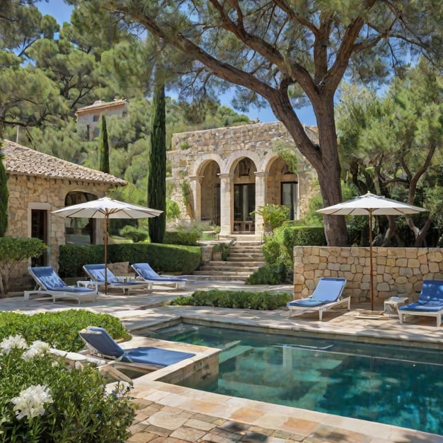 Mediterranean house exterior with a pool, patio furniture, and a stone wall.