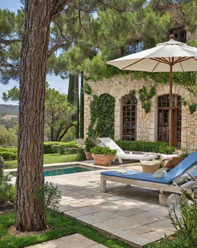 Mediterranean house exterior with pool, patio, lounge chair, umbrella, and potted plants.