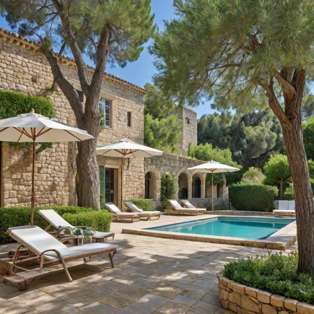 Mediterranean house exterior with pool, chairs, and umbrellas