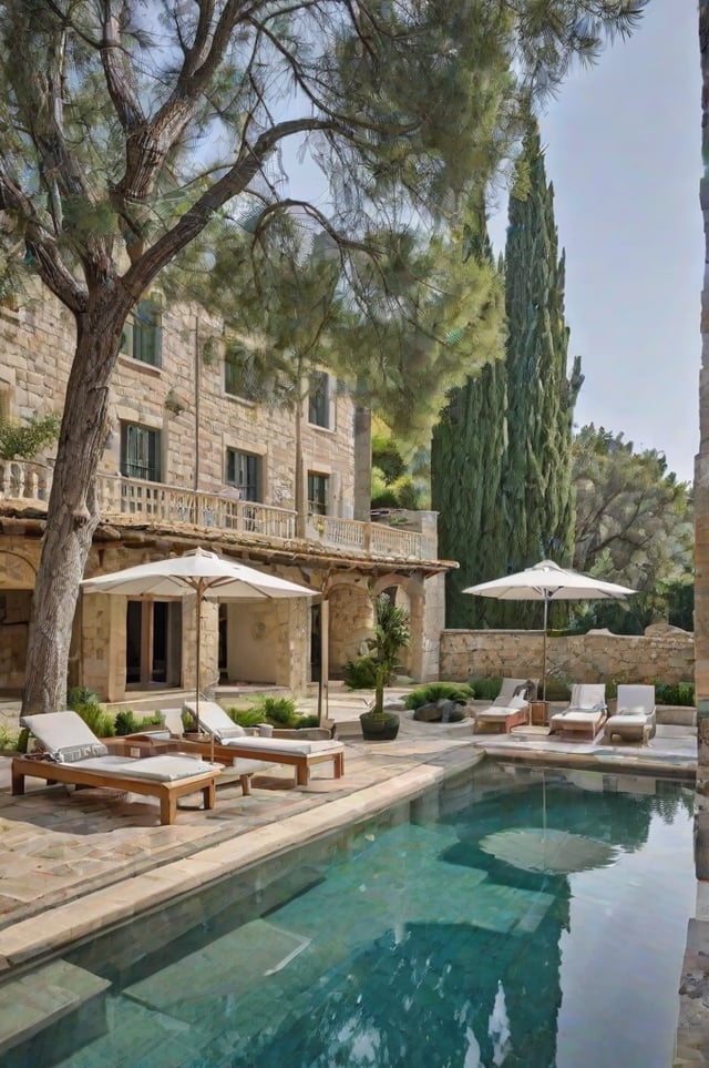 Mediterranean house exterior with pool, stone walls, and furniture