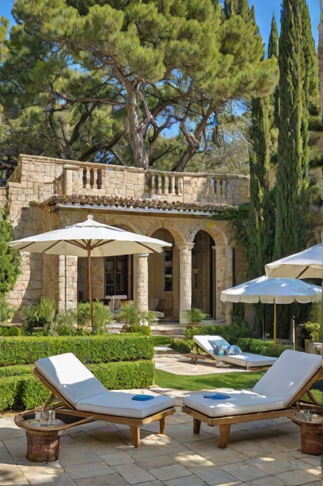 Mediterranean-style house exterior with patio furniture and umbrellas