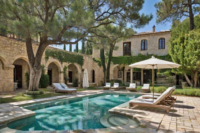 Mediterranean-style house with a large pool and patio area, featuring chairs and an umbrella.