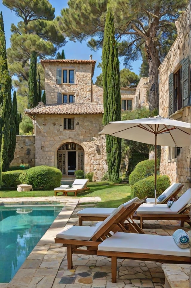 Mediterranean house exterior with pool, patio furniture, and trees