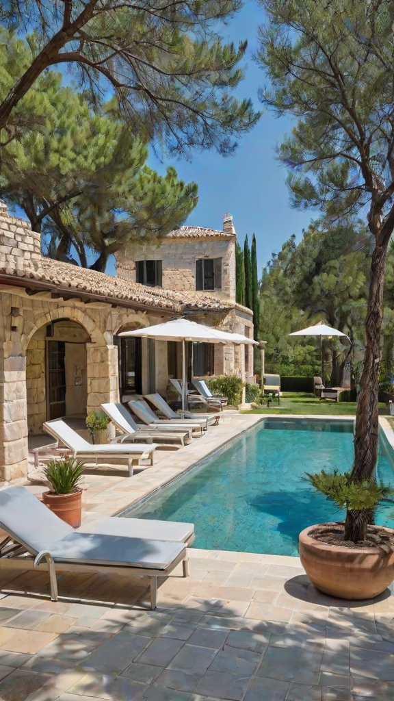 Mediterranean-style house with a large pool and patio area, featuring chairs and umbrellas.