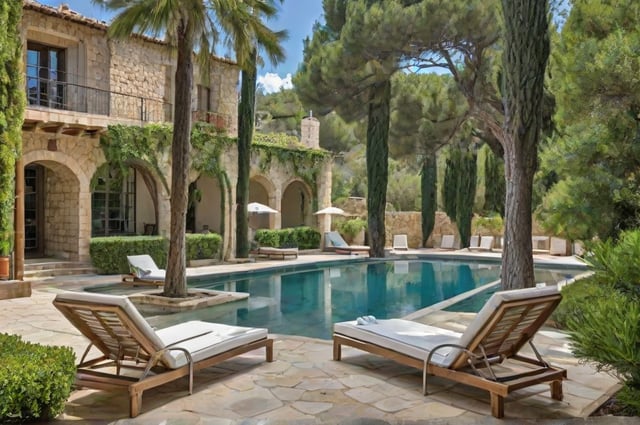 Mediterranean-style house with a large pool and patio area, furnished with chairs and a dining table, surrounded by trees.