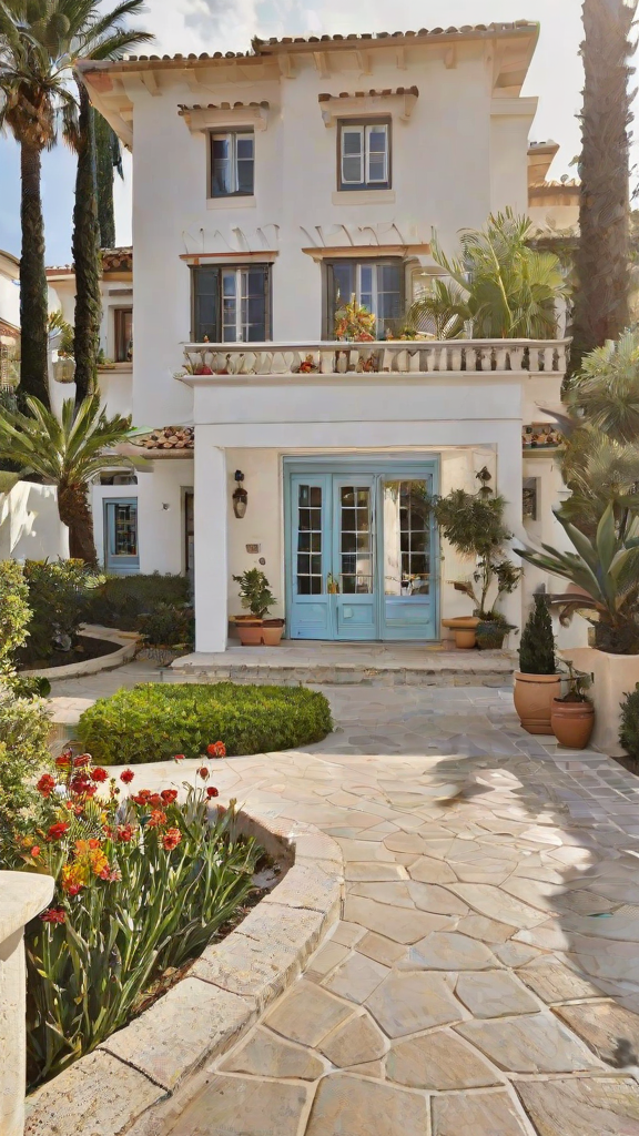 A blue door on a white house with a garden and potted plants and flowers.