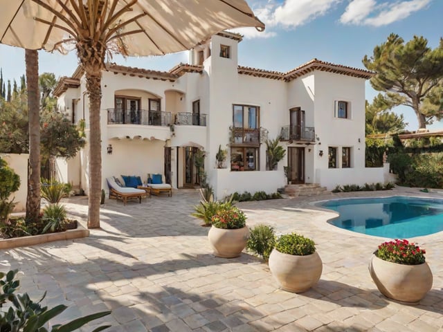 Mediterranean-style house with a swimming pool and patio