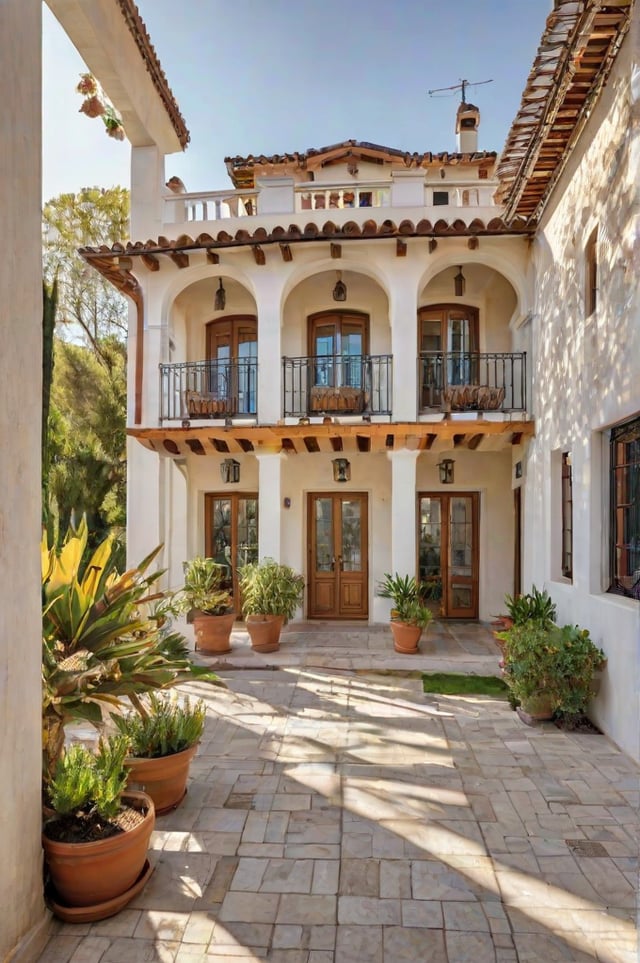 Mediterranean-style house with a garden and a wrought iron balcony railing.