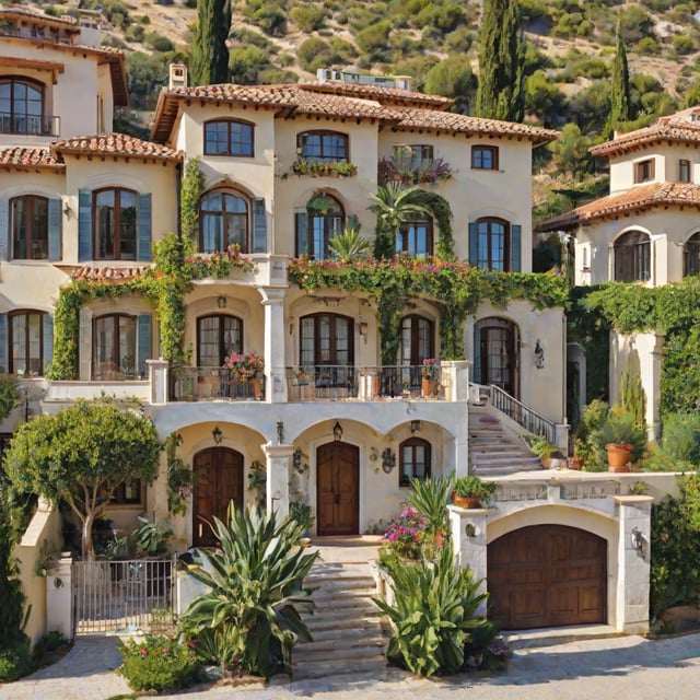 Mediterranean house with a lush garden and a large garage