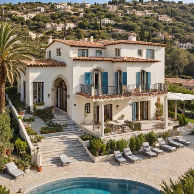 A Mediterranean style house with a pool and patio area. The house has a white exterior with a red tile roof and blue shutters.