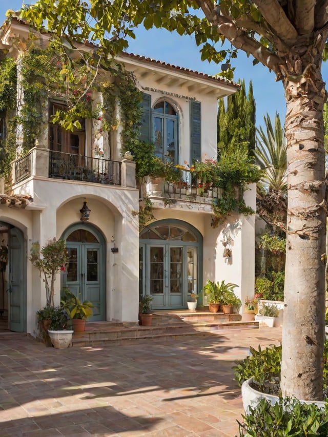 Mediterranean-style house with a garden in front, featuring green shutters, blue door, and various potted plants.