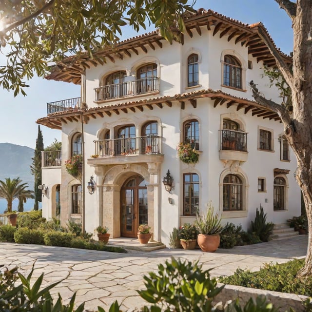 A Mediterranean style house with a large garden and a stunning view of the water. The house is adorned with many potted plants and vases, creating a lush and inviting atmosphere.