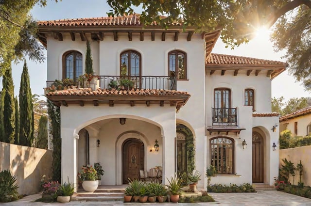 Mediterranean style house with a garden in front of it