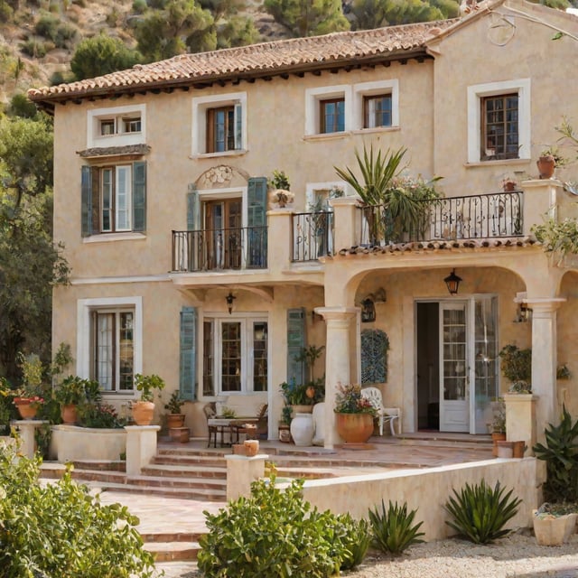 Mediterranean house with garden full of plants and flowers