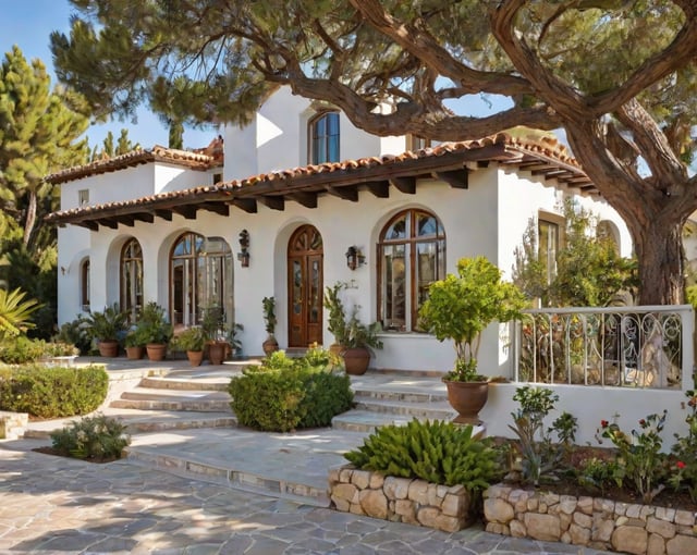 A Mediterranean style house with a garden in front of it.