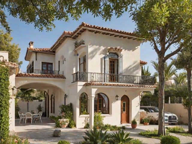 A large white Mediterranean style house with a garden and a patio. The house has a large balcony with a view of the garden. The garden is filled with green plants and potted plants, creating a beautiful and serene atmosphere. The patio is furnished with chairs and a dining table, making it an inviting space for outdoor dining and relaxation.