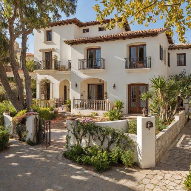 Mediterranean-style house with a garden and a white fence. The house has a white stucco exterior and features a balcony with a wrought iron railing. The garden is well-maintained with a variety of plants and flowers.