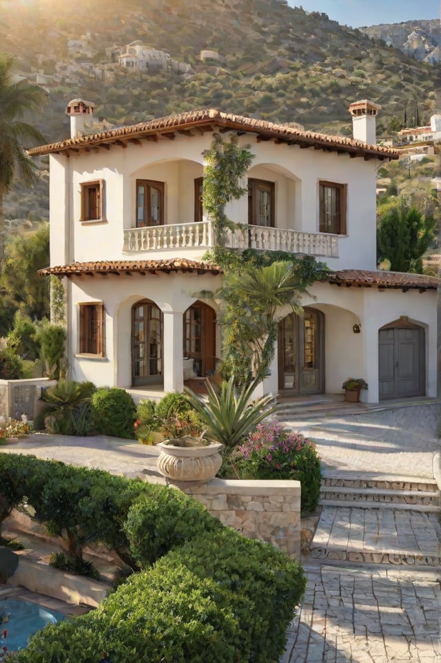 Mediterranean house with a garden in front of it