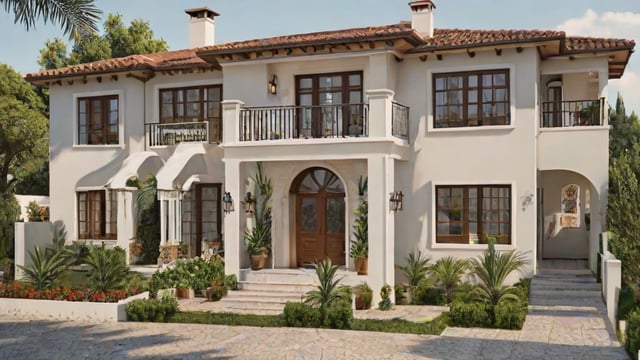 Mediterranean house with a green garden and palm trees