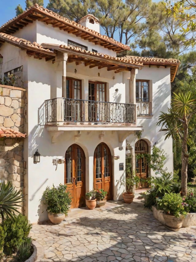 Mediterranean-style house with a white exterior, brown wooden door, wrought iron railing, and garden area with potted plants.