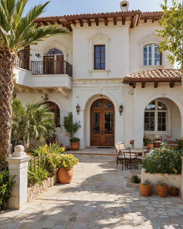 Mediterranean-style house with a beautiful garden and patio. The house has a white exterior with a brown roof and features a large doorway with a wooden door. The patio is adorned with several potted plants and chairs, creating a welcoming and relaxing atmosphere.