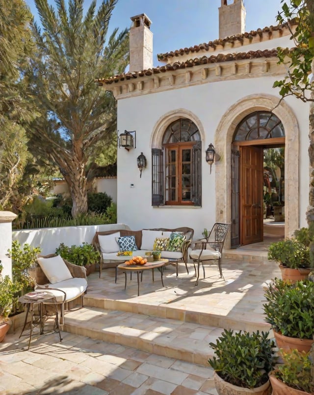 Mediterranean house with a garden and patio furniture