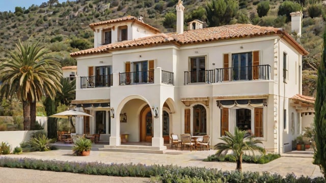 A large white Mediterranean house with a garden and a patio. The house has a balcony on the second floor and a chimney. The garden is filled with potted plants and chairs, creating a relaxing atmosphere.