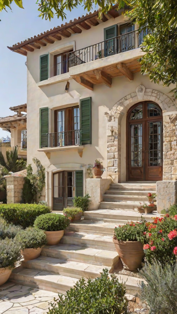 A Mediterranean house with a garden, featuring a large doorway, stairs, and a balcony. The house is surrounded by lush greenery and flowers.