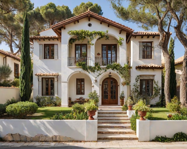 A Mediterranean style house with a garden in front of it. The house is white with red roof tiles, and is surrounded by greenery. The garden includes a variety of potted plants and flowers, and the house has a large porch with a staircase leading up to it.